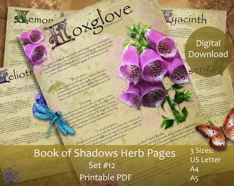 Magic Herbs Book of Shadows pages Set 12. A4, A5, US Letter Grimoire. Illustrated Witch Apothecary Wisdom Spell Work Herbalism.BOS