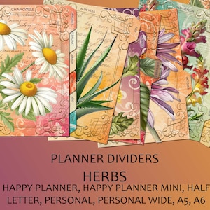 Divisores de planificación mensual con pestañas con temática de hierbas.  A5, A6, Media Carta, Happy Planner, Happy Planner Mini, Personal, Personal Ancho / 300 DPI PDF