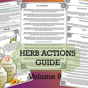 Puede incluir: Una guía colorida sobre las acciones de las hierbas, con un título que dice "Guía de acciones de las hierbas Volumen 9". La guía está dividida en secciones con diferentes acciones de las hierbas, como vulnerario, estomacal y estimulante. La guía también incluye ejemplos de plantas que tienen estas acciones.