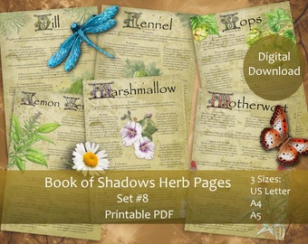 Herbal Book of Shadows pages Set 8, Grimoire, Spell book, Apothecary, Witch tools.