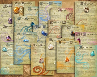 May include: A collection of informational posters featuring various gemstones, including Golden Tiger's Eye, Ruby, and Turquoise. Each poster has a vintage aesthetic with handwritten text and decorative swirls, showcasing the gemstones.
