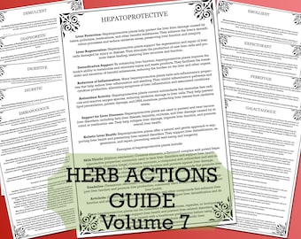 May include: An illustrated guide to herb actions, titled "Herb Actions Guide Volume 7". The guide is green and white and lists various actions of herbs, including demulcent, diaphoretic, digestive, diuretic, emmenagogue, hepatoprotective, emollient, expectorant, febrifuge, and galactagogue.