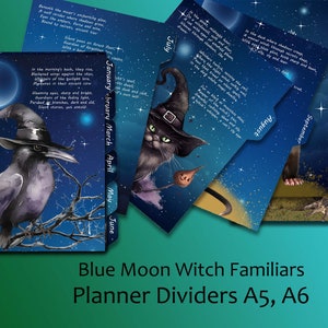 May include: A set of 12 planner dividers featuring a blue moon, stars, and various witch familiars, including a raven, a black cat, and a leopard. Each divider is labeled with a month of the year. The text "Blue Moon Witch Familiars Planner Dividers A5, A6" is printed at the bottom of the image.