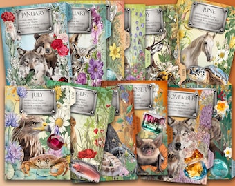 May include: A collection of illustrated monthly calendar cards. Each card features a month's name, animal, flower, herb, and gemstone. The cards are adorned with floral and animal illustrations, with a vintage aesthetic.