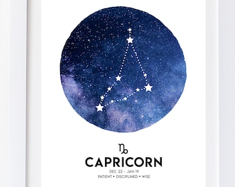May include: A watercolour illustration of the Capricorn constellation in a blue and purple circle with white stars. The text "Capricorn" is below the circle with the dates "Dec 22 - Jan 19" and the words "Patient, Disciplined, Wise".