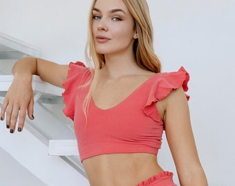 Women's coral cotton top with ruffles/ Feminine yoga sports top/ Yoga top/ Cotton yoga top/ Cotton sport top/ Sport cotton top with ruffle