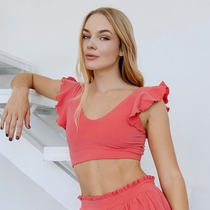 Women's coral cotton top with ruffles/ Feminine yoga sports top/ Yoga top/ Cotton yoga top/ Cotton sport top/ Sport cotton top with ruffle image 1