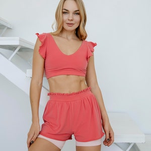 Women's coral cotton top with ruffles/ Feminine yoga sports top/ Yoga top/ Cotton yoga top/ Cotton sport top/ Sport cotton top with ruffle image 7