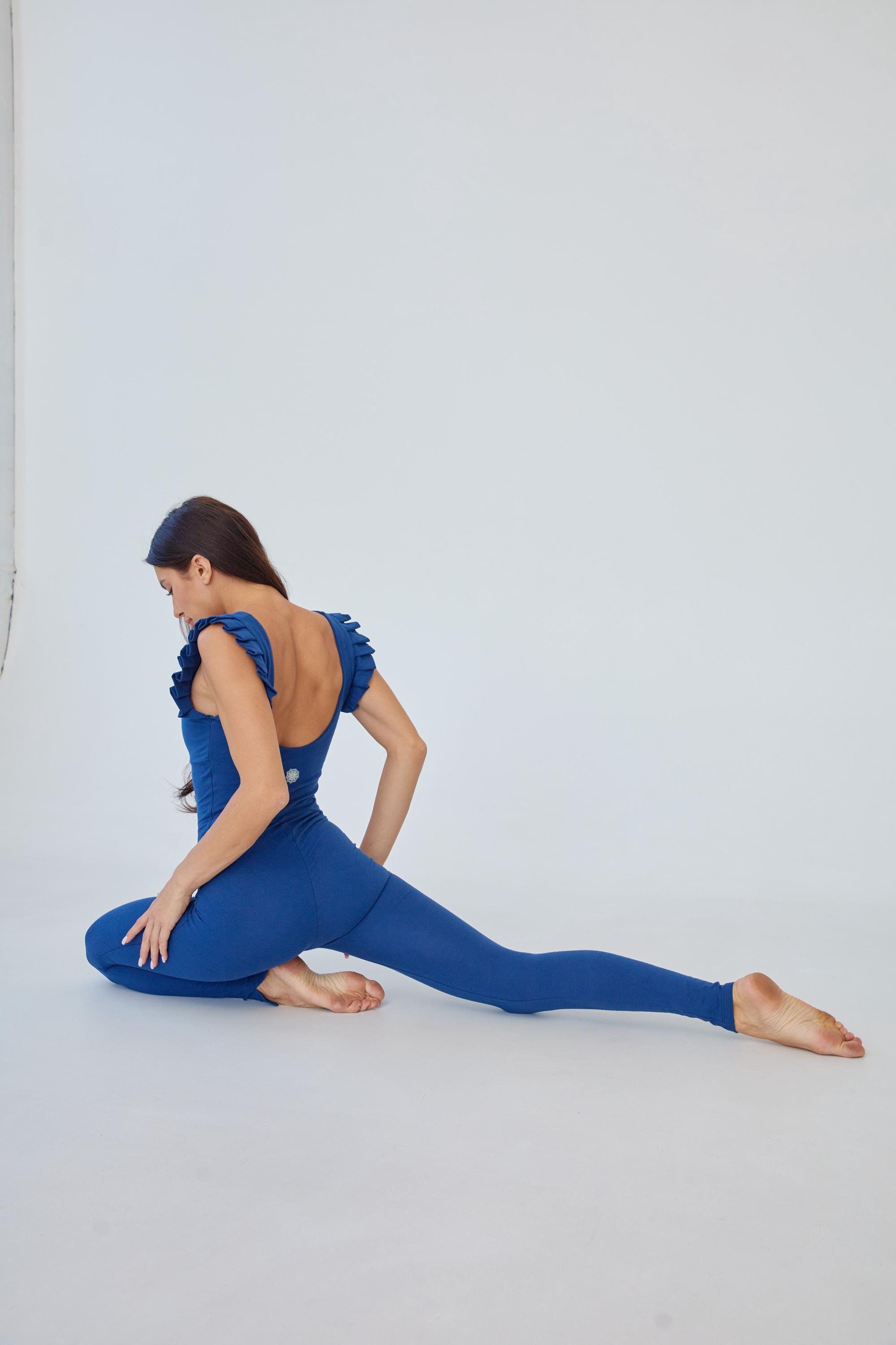 Women's yoga jumpsuit in blue color with ruffles/ Cotton yoga jumpsuit/ Blue yoga jumpsuit/ Women's yoga jumpsuit made of cotton