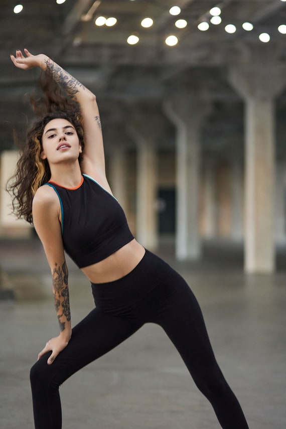 Black Cotton Crop Top with Color Trim/ Black cotton top/ Yoga top/ Crop top for yoga