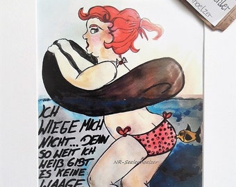 A4 print. Text. funny print woman in the sea. That's me. No, I don't have any shape problems!!!