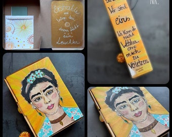 Frida Bild. Geschenk Schachteln. Bilder Wand. Text auf Bild. Pappschachtel. Frauen Portrait. Gemalte Bilder. Botschaft. Acryl Bild.