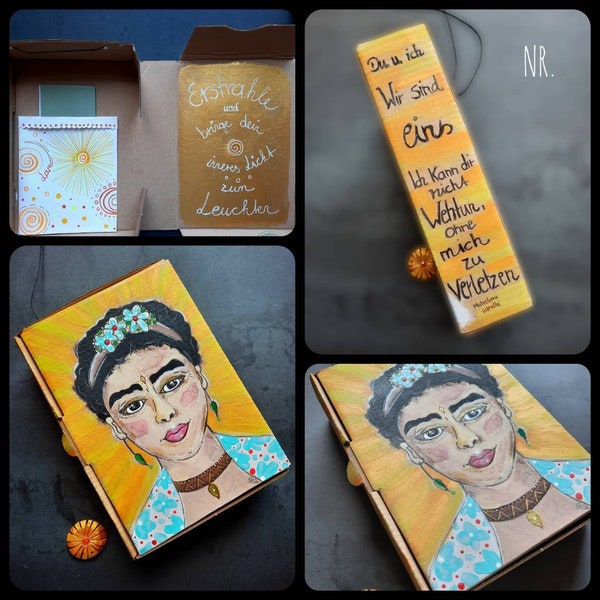 Frida Bild. Geschenk Schachteln. Bilder Wand. Text auf Bild. Pappschachtel. Frauen Portrait. Gemalte Bilder. Botschaft. Acryl Bild.