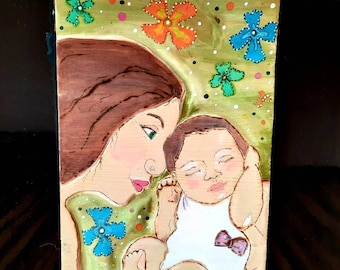 Mama kind. Baby Bild. Holzbild.Flachrelief.Geschnitzt.Wandbild Geburt. Mutterliebe - mit deinem Wunschname