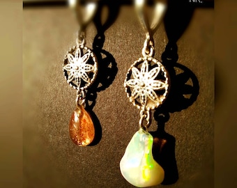 Opal pendant DUO. Set. Opal and sunstone with flowers.