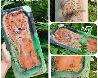 Holzschale. Bild. Schale. Ablage.Holz Deko. Brandmalerei. Fuchs Mama &  Kind bei Nacht