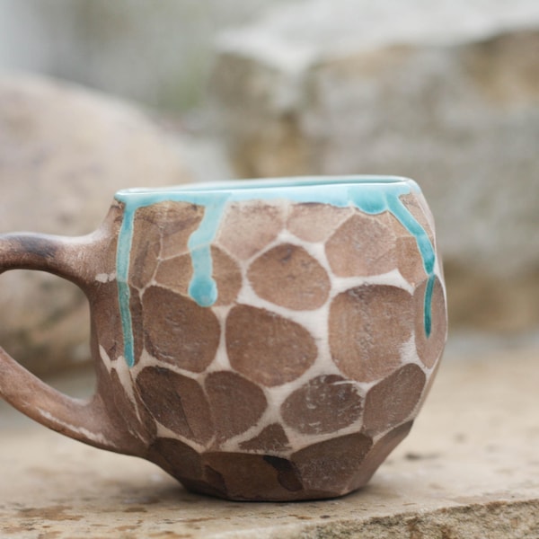 Turquoise Stone mug Ethnic mug Coffee mug Coffee cup Mug pottery Mom gift Sister gift Girlfriend Gift Turquoise gift Earthy mug artist