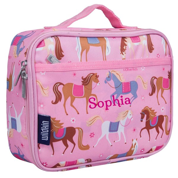 Personalised Girl Lunch Bag With Pink Ponies Design | Horses Lunch Box | Horses Lunch Bag | Pink Ponies Lunch Box | Personalised Lunch Bag