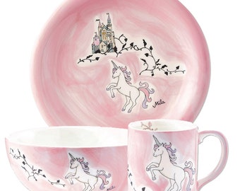 Children’s Unicorn Hand Painted Ceramic Dinner Set | Children's Unicorn Ceramic Breakfast Set | Pink Unicorn Ceramic Tableware Set