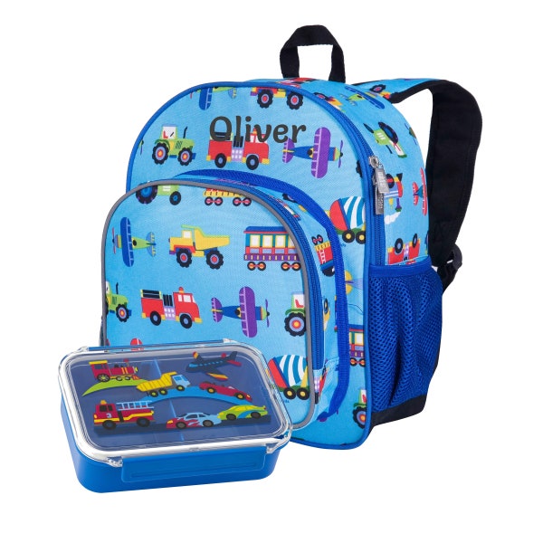 Personalised Transport Backpack With Matching Bento Box | Personalised Toddler Backpack With Kids Snack Box | Transport School Backpack Set