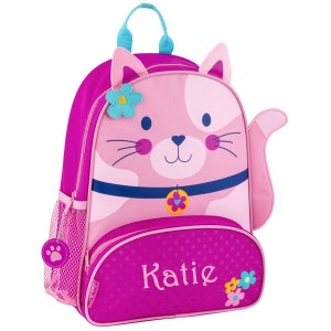 Personalised Girl Backpack With Pink Cat Design | Embroidered Personalised Girl School Rucksack | Girl Personalised Backpack | Pink Cat Bag