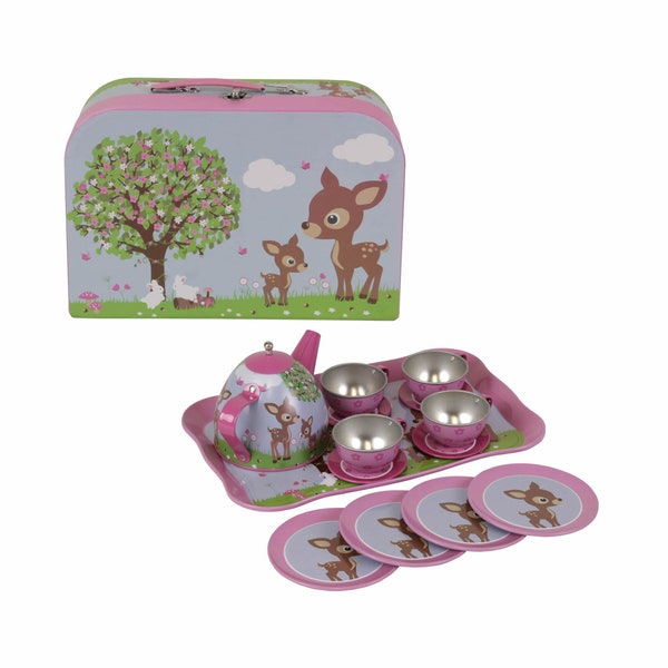 Personalised Kids 15-Piece Play Tea Set With Woodland Design | Personalised Pretend Tin Tea Party Set | Kids Tin Tea Set | Enchanted Tea Set