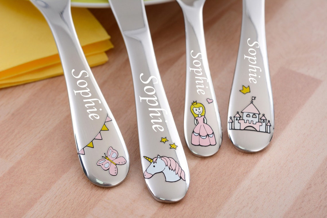 Personalised Embossed Kids Stainless Steel Cutlery Set 4 Piece Etsy