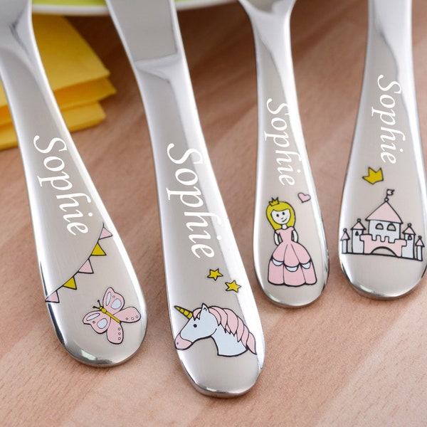 Personalised Kids Girl Cutlery Set In Stainless Steel With Unicorn Design | Toddler Cutlery Set | Children Tableware With Custom Name