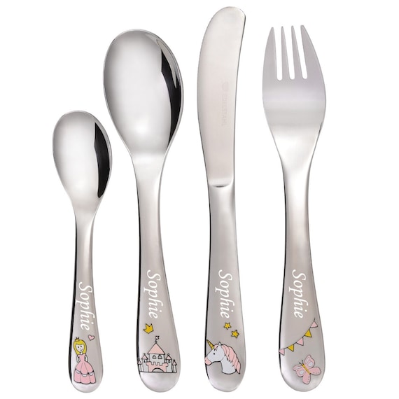 Personalised Kids Cutlery Set Stainless Steel Flatware 4pcs Set Tableware Toddler  Utensils in Presentation Box With Symbol and Child's Name 