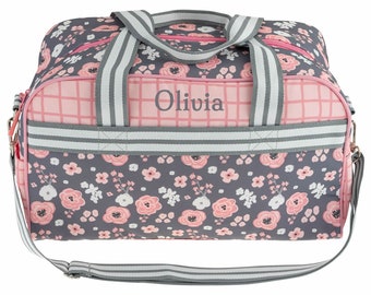 Personalised Girl's Duffle Bag With A Classical Charcoal Flower Design | Kids Duffle Bag For Sport, School, Travel | Women Barrel Bag