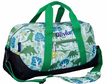Personalised Kids Duffle Bag - Green Dinosaurs | Personalised Kids Sports Bag | Weekend, Overnight Child Bag | Dinosaur Green Duffel Bag