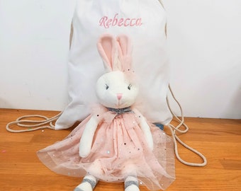 Ballerina Bunny Soft Toy in a Personalised Cotton Drawstring Bag | Rabbit Soft Rag Doll|  Ballet Bunny Soft Toy| Ideal Gift For Little Girls