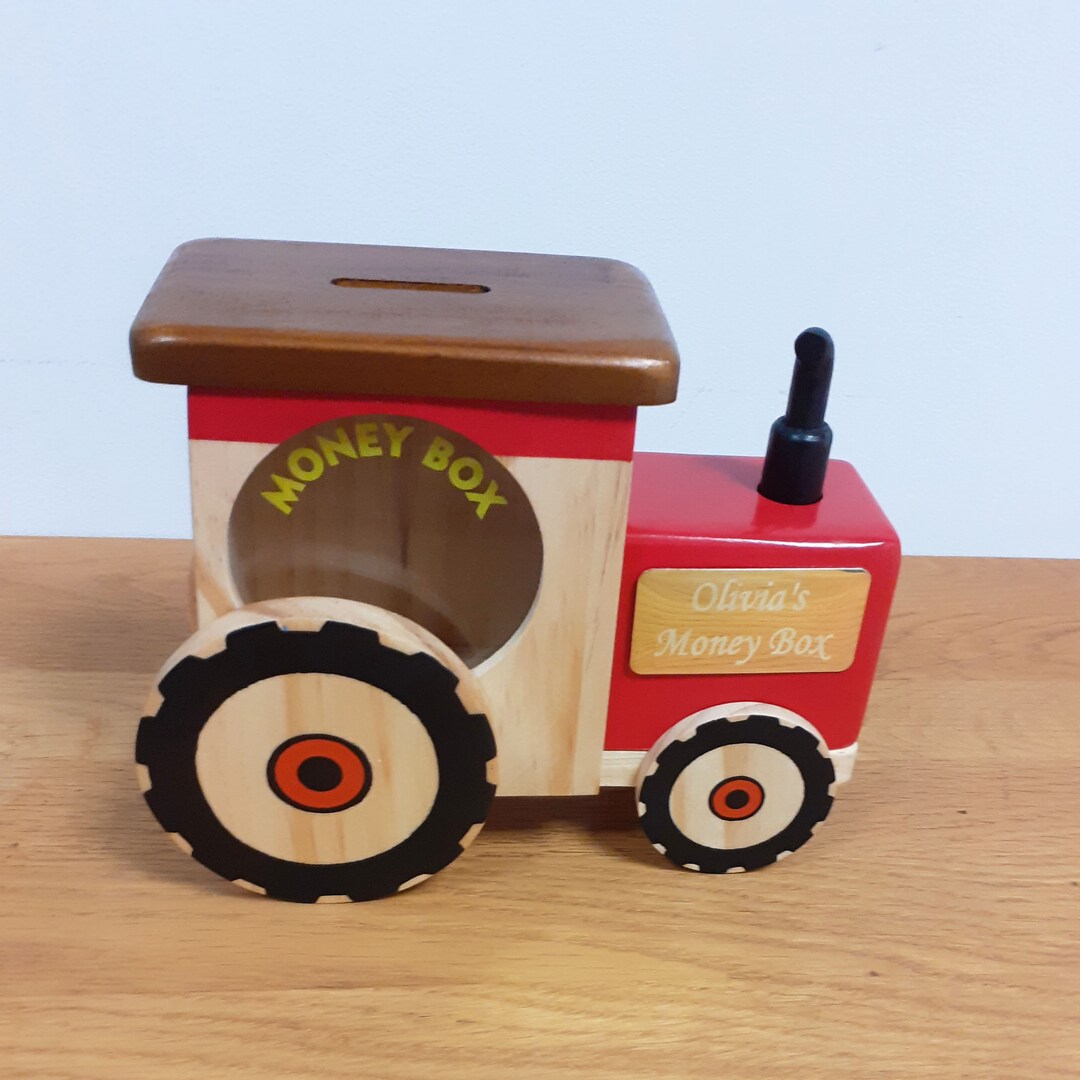 Personalised Tractor Money Box Wooden Handcrafted Red Etsy UK
