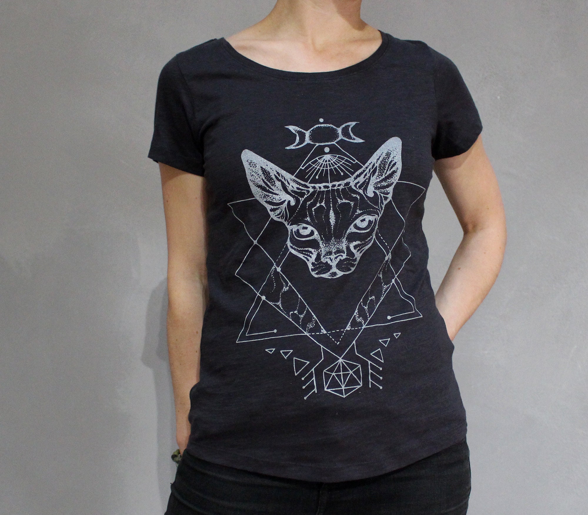 T-shirt  Tunic Large khaki woman Serigraphie Felis Cat