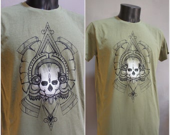 T-Shirt Homme vert kaki , Sérigraphie Skull Maya