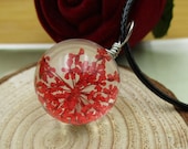 Red Lace Flowers Glass Pendant,Glass Ball Pendant Necklace,Ball Diameter 20mm-BT030