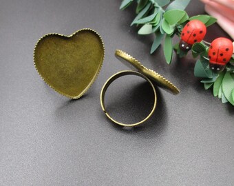 2Pcs Bronze Heart Ring Base: Adjustable 25mm Cabochon Setting