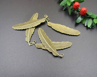 10 Bronze Feather Charms: Jewelry Making Pendants (15x52mm)