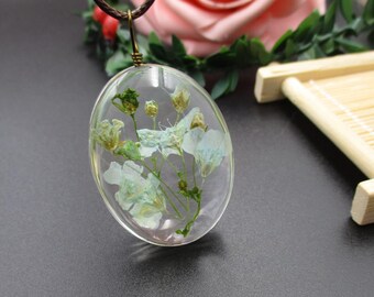 ライトブルーフラワーガラスペンダントネックレス-30×40 mmオーバルガラスカボション-BT061