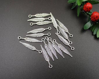 30Pcs 5x29mm Feather Charms Antique Silver Tone 2 Sided - p1154-B