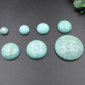 May include: Assortment of turquoise cabochons in various sizes. The cabochons have a marbled pattern with a light blue base and green veins.