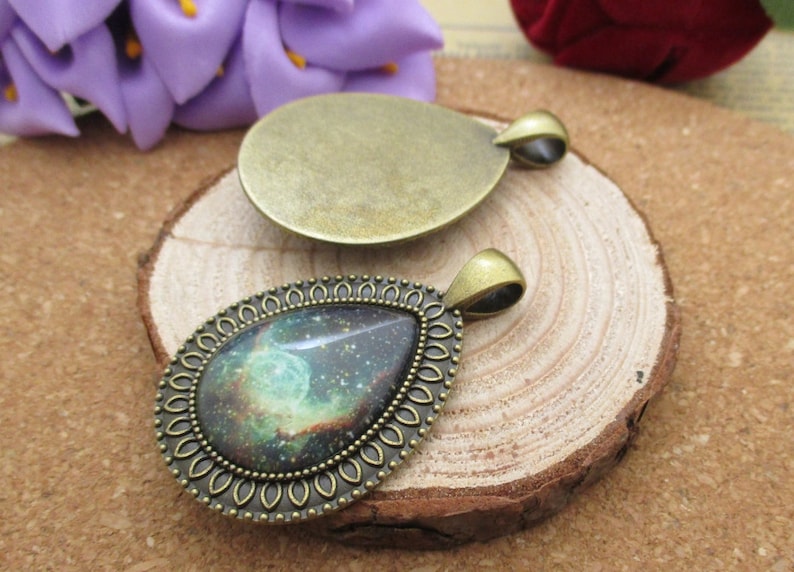 With Beautiful Galaxy Glass Cabochons,10 Styles-b3002 Finished Drop Charm Cameo Cabochon Base Setting Pendant-18\u00d725mm
