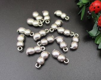 20 Pcs Antique Silver Peanut Charms: 3D Metal Pendants (14x6x6 mm)