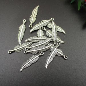 20Pcs 27x7mm Silver Feather Charms 2 Sided - p1519-B