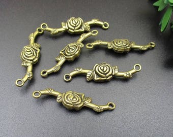10Pcs 34x9mm Rose Flower Connector Charms Antique Bronze Tone 2 Sided- p1189-A