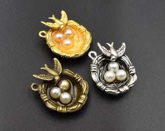 3 breloques nid d'oiseau 7 × 20 × 25 avec 3 perles, 3 couleurs disponible-p1101