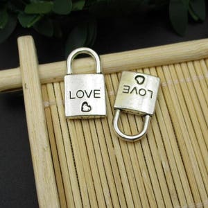 10Pcs 10x20mm Silver Lock Charms, Antique Silver Tone 2 Sided Padlock a Heart-p1283-B image 2
