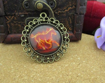 25mm(1 Inch)Finished Bezel Affixed With Photo Glass Cabochon,Fire Horse-B3011