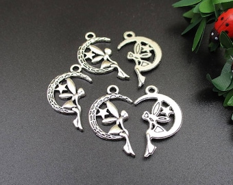 10Pcs 25x15mm Silver Angel Charms,Moon and Angel Pendants-P1285-B