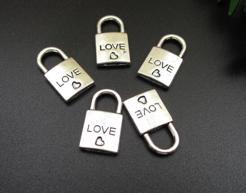 10Pcs 10x20mm Silver Lock Charms, Antique Silver Tone 2 Sided Padlock a Heart-p1283-B image 4